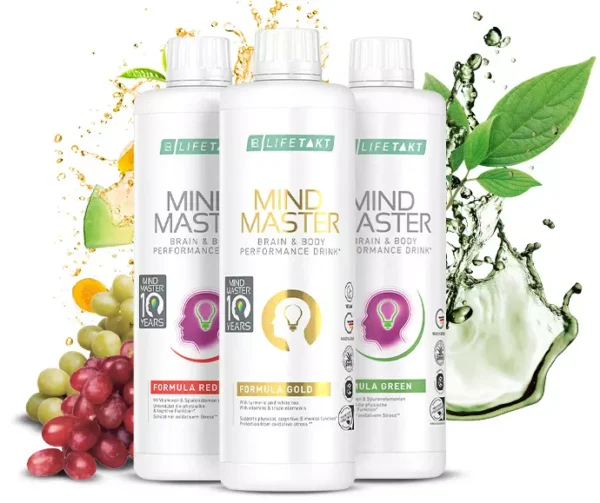 Les trois variantes Mind Master LR – Red, Green et Gold avec ingrédients naturels