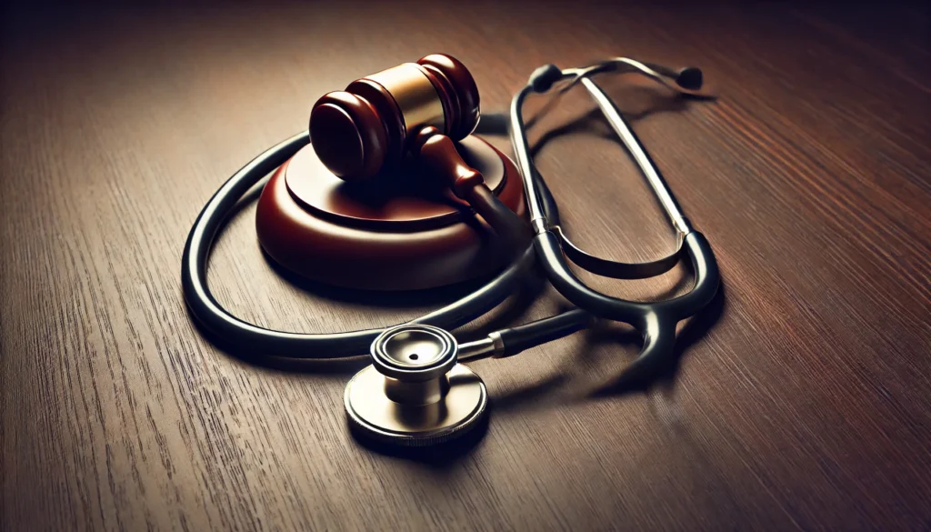 Stéthoscope entourant un marteau de juge sur une table en bois – symbole de la responsabilité médicale