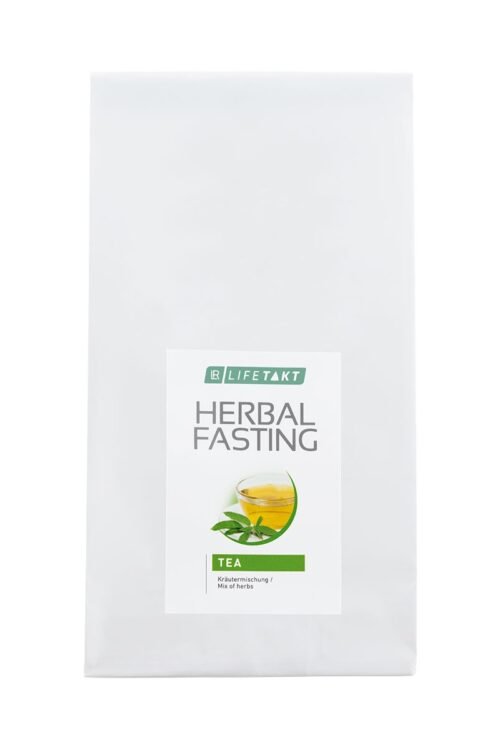 Sachet de tisane LR Lifetakt Herbal Fasting avec visuel de tasse de thé et feuilles naturelles.