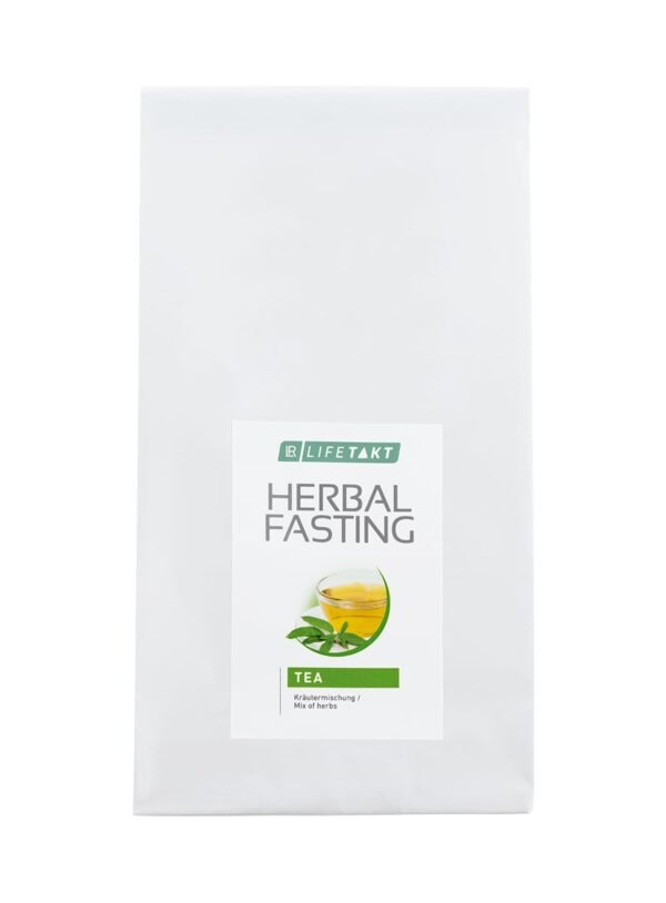 Sachet de tisane LR Lifetakt Herbal Fasting avec visuel de tasse de thé et feuilles naturelles.