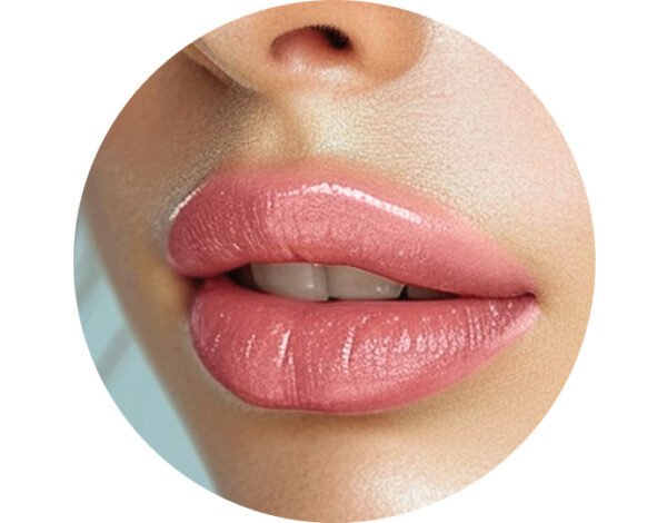 Lèvres pulpeuses maquillées avec un gloss rose nude effet brillant