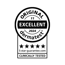 Label Dermatest Excellent garantissant une tolérance cutanée testée dermatologiquement pour les produits LR Health & Beauty.