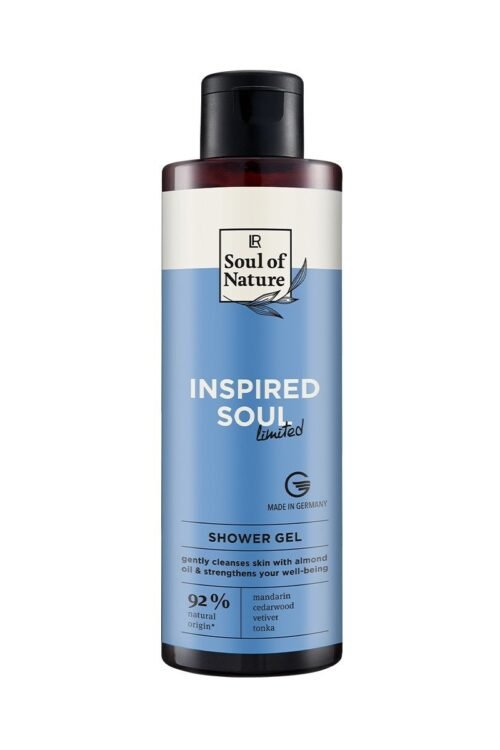 Gel Douche Inspired Soul LR Soul of Nature – soin corps 98 % naturel aux huiles essentielles de mandarine, cèdre, vétiver et tonka. Nettoie, tonifie et équilibre le corps et l’esprit.