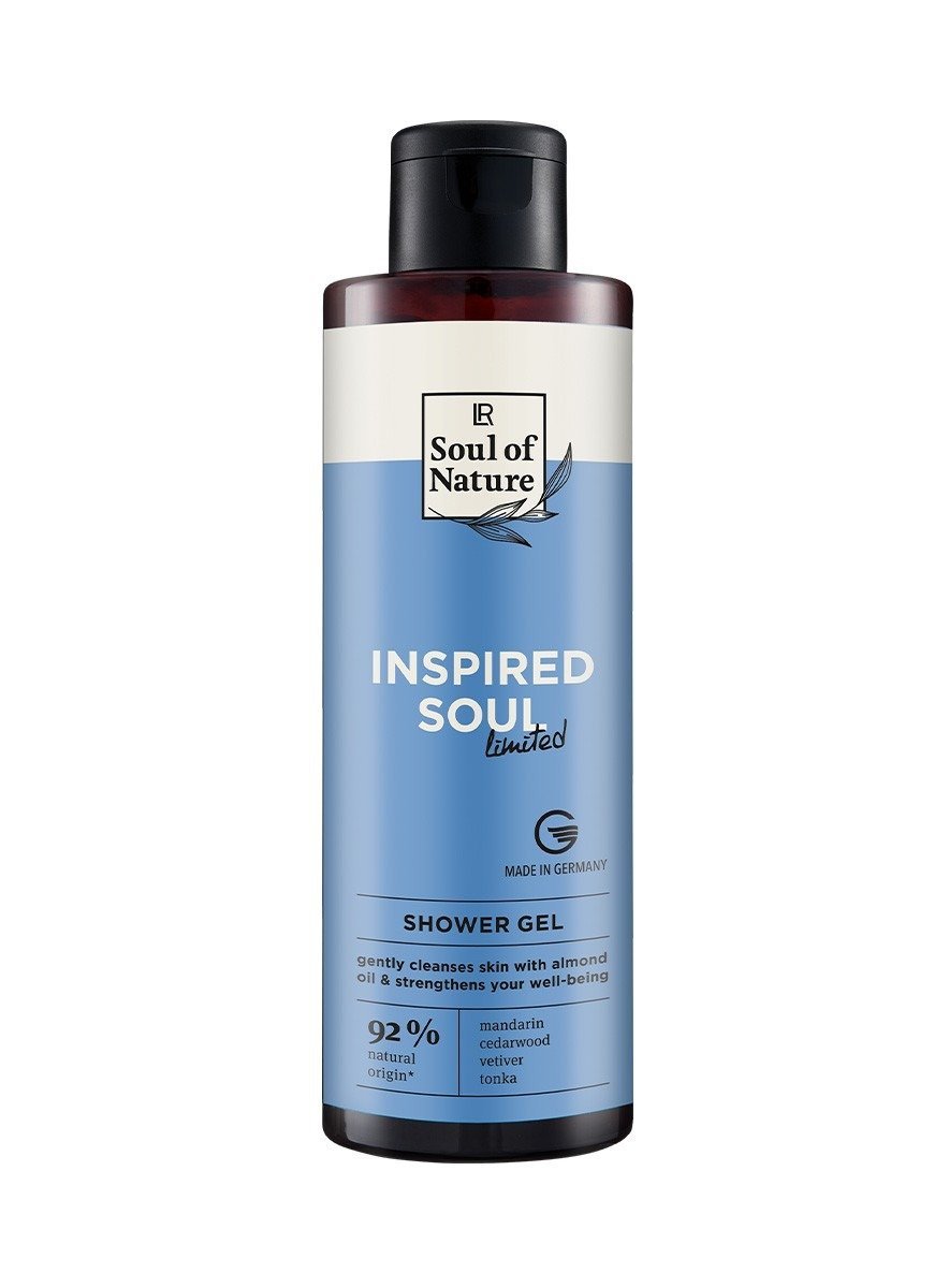 Gel Douche Inspired Soul LR Soul of Nature – soin corps 98 % naturel aux huiles essentielles de mandarine, cèdre, vétiver et tonka. Nettoie, tonifie et équilibre le corps et l’esprit.
