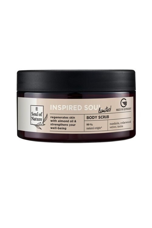 Gommage Corporel Inspired Soul LR Soul of Nature – exfoliant naturel aux sels minéraux et huiles essentielles de mandarine, cèdre, vétiver et tonka. Peau purifiée, lissée et éclatante