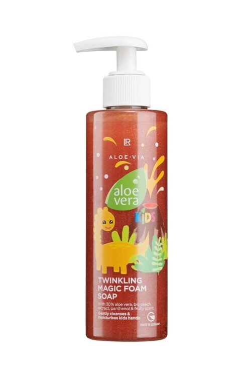Savon moussant scintillant Aloe Vera Kids – mousse pailletée, aloe vera, parfum pêche bio
