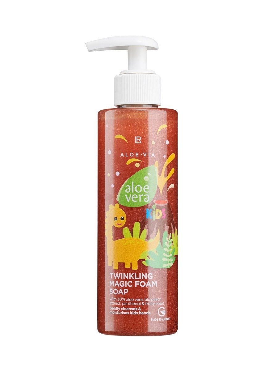 Savon moussant scintillant Aloe Vera Kids – mousse pailletée, aloe vera, parfum pêche bio