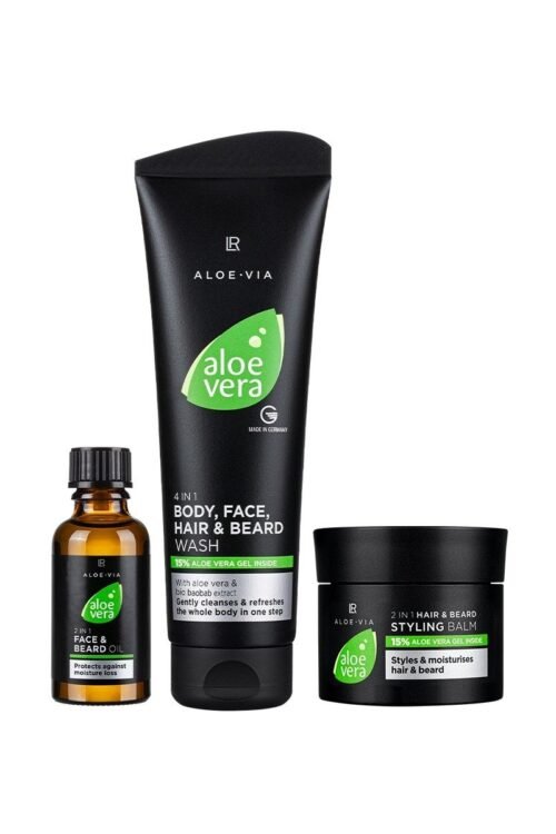 Set de soin pour homme Aloe Vera LR : nettoyant 4en1, huile visage & barbe, baume cheveux & barbe – 330 ml