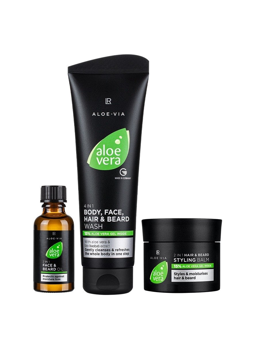Set de soin pour homme Aloe Vera LR : nettoyant 4en1, huile visage & barbe, baume cheveux & barbe – 330 ml
