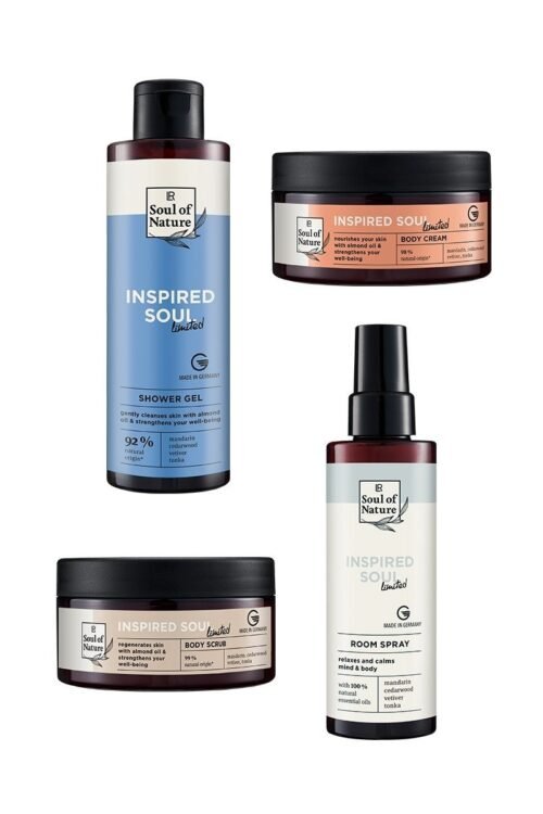 Set Inspired Soul LR Soul of Nature – coffret corps 4 produits 98% naturel (gommage, gel douche, crème, spray) – mandarine, cèdre, vétiver, tonka
