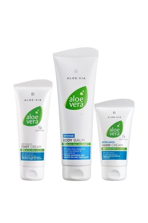 Coffret Noël Aloe Vera LR : lait corps 250 ml, crème mains 100 ml, soin pieds 100 ml